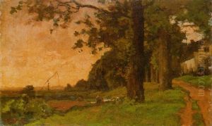 A Peasant In A Meadow At The Edge Of A Wood, A Farm Beyond by Theophile Emile Achille De Bock