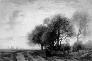 Figures On A Road At Twilight by Theophile Emile Achille De Bock