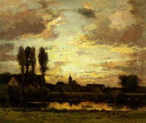 A River Landscape With Village At Sunset by Theophile Emile Achille De Bock