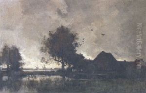 Windmills In Polder Landscape And Cattle By Farm by Theophile Emile Achille De Bock