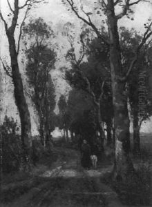 A Peasant Woman And A Goat On A Country Road With Birches