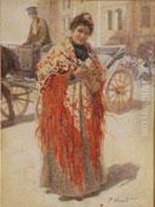 Dama Con Manton En Una Calle Ante Un Coche De Caballos by Fernando Alberti
