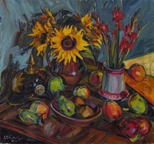 Blumenstillleben Mit Sonnenblumen, Gladiolen Und Pickelhelm