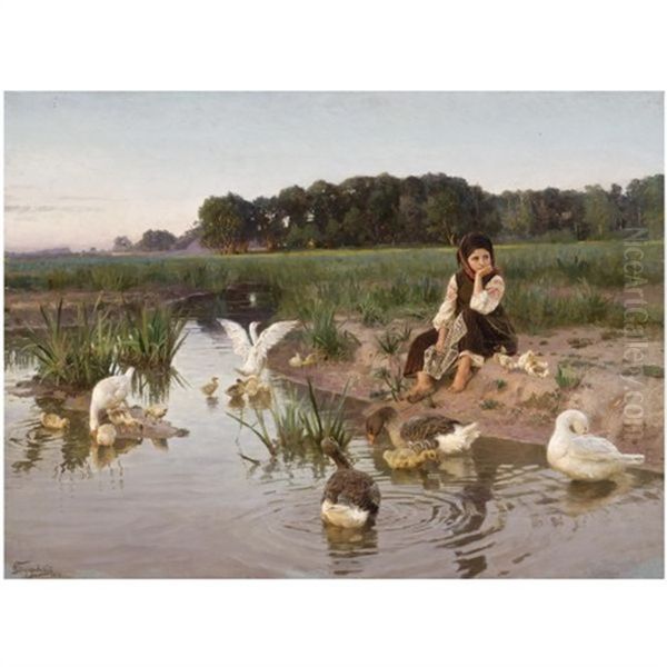 Ukrainian Girl Tending Geese - view 1