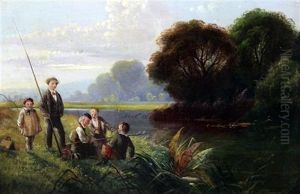 River Scene With Boys Fishing by Edwin Henry Boddington