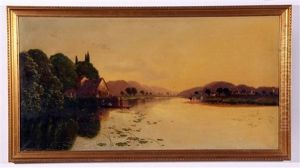 River Scene With Cattle And Figures In A Punt By A Cottage by Edwin Henry Boddington