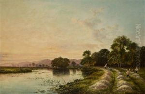 Haymaking By A Lake by Edwin Henry Boddington