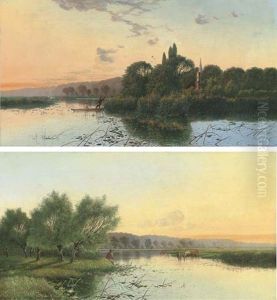 Fishing On A River, With Cattle Beyond (+ Fishing On A River, A Church Beyond; Pair) Fishing On A River, With Cattle Beyond (+ Fishing On A River, A Church Beyond; Pair)