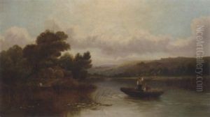 Figures In A Hay Barge In A River Landscape