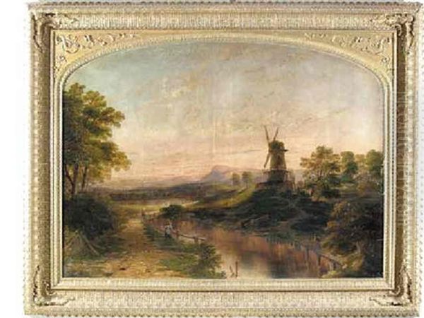 Travelers Along A Roadside Stream With A Windmill In The Distance - view 1