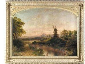 Travelers Along A Roadside Stream With A Windmill In The Distance Travelers Along A Roadside Stream With A Windmill In The Distance