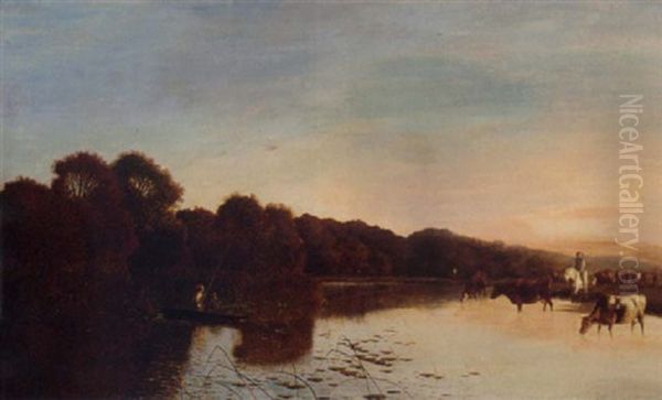 Anglers In A Punt And Cattle Watering On The Bend Of A River - view 1