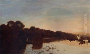 Anglers In A Punt And Cattle Watering On The Bend Of A River