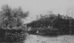 Poling The Boat, Sunset - A View Of Windsor Castle by Edwin Henry Boddington