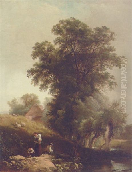 Children Resting In A Wooded River Landscape, A Cottage Beyond - view 1