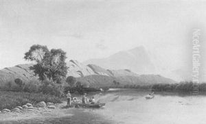 River Landscape With Fisherman Preparing Nets by Edwin Henry Boddington