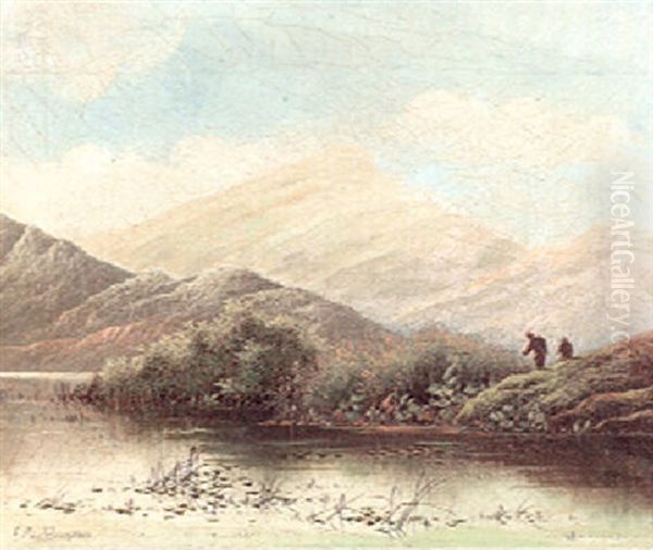 An Extensive Landscape With Figures Fishing From The Banks In The Foreground - view 1