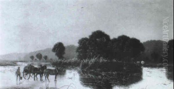 Cart And Horses By A River - view 1