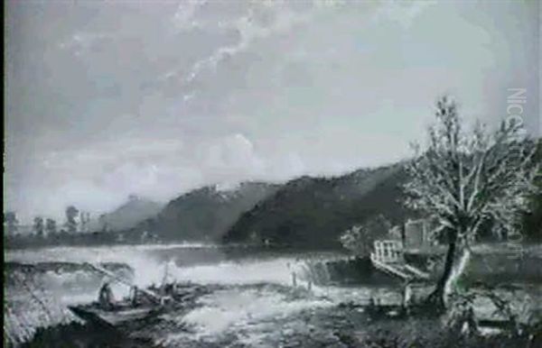Flusslandschaft Mit Angler - view 1