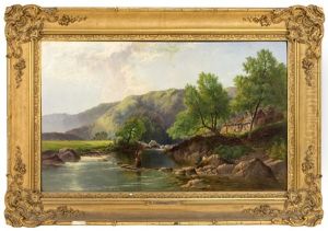 Figures In A Mountainous River Landscape by Henry John Boddington