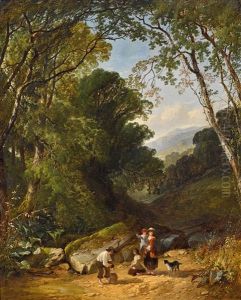 A Wooded Landscape With Children Filling A Pail In The Foreground by Henry John Boddington