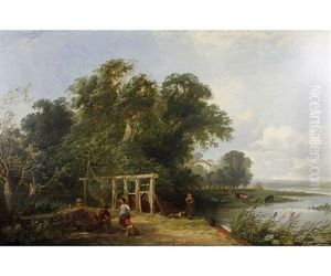 River Landscape With Figures And Dog By Eel Traps by Henry John Boddington