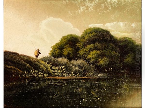 Teichlandschaft Mit Einem Angler Am Ufer Zwischen Baumen - view 1