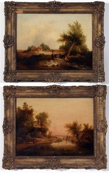 Figures And Donkeys Resting In A Landscape; Mother, Child And Dog By River And Cottage (pair) - view 1