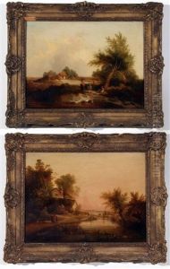 Figures And Donkeys Resting In A Landscape; Mother, Child And Dog By River And Cottage (pair) by Henry John Boddington