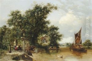 Summer River Landscape With A Mother And Children On A Footbridge, Ducks, Cattle And A Boat Nearby