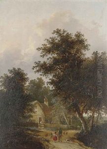 Figures Outside A Cottage (+ Driving Home The Sheep; Pair)