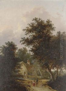 Figures Outside A Cottage (: Driving Home The Sheep; Pair) Figures Outside A Cottage (: Driving Home The Sheep; Pair)