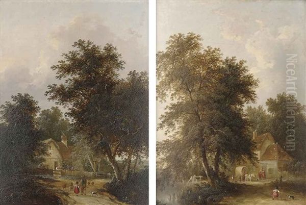 Figures Outside A Cottage (+ Driving Home The Sheep; Pair) - view 1