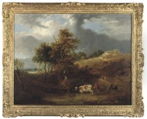 Cattle Watering, The Herder And His Faithful Companion On A Country Road In A Landscape