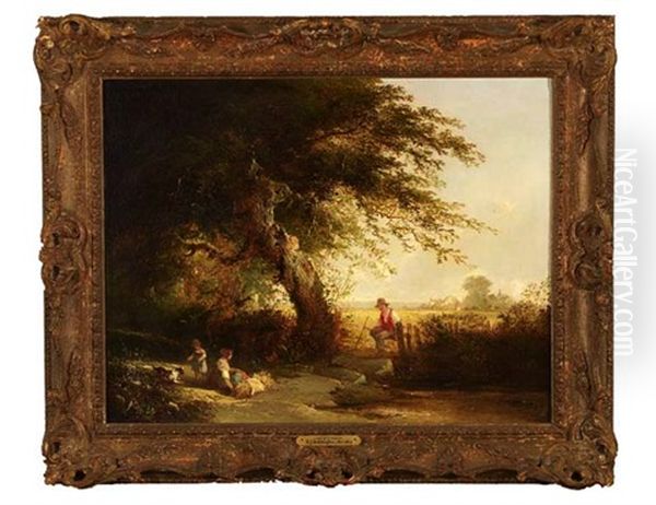 Landscape View With Farmer Seated On A Fence And Children Gathering Hay - view 1