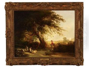 Landscape View With Farmer Seated On A Fence And Children Gathering Hay by Henry John Boddington