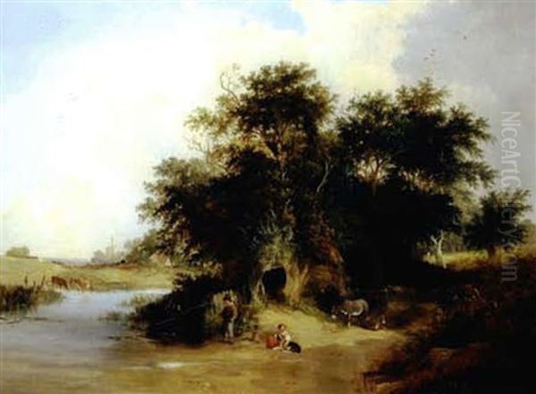 River Scene With Figures Fishing In The Foreground - view 1