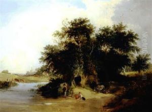 River Scene With Figures Fishing In The Foreground by Henry John Boddington