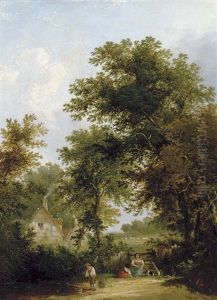 Leisure Time In The Countryside (+ Landscape With Figures Conversing At A Gate; Pair) by Henry John Boddington