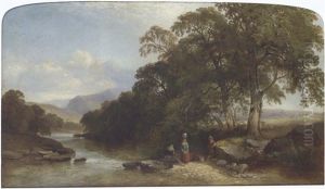 Children In A Welsh River Landscape by Henry John Boddington