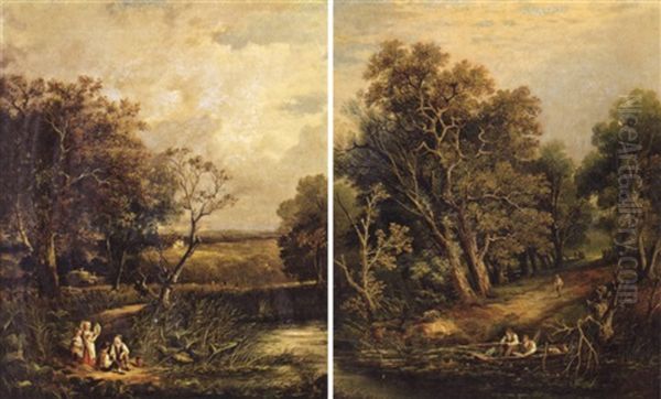 Figures Fishing By A Stream - view 1