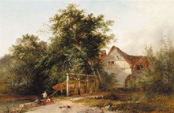 The Old Water Mill With Eel Nets by Henry John Boddington