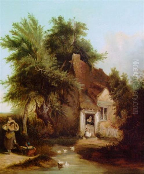 Figures Before A Cottage In A Wooded Landscape - view 1