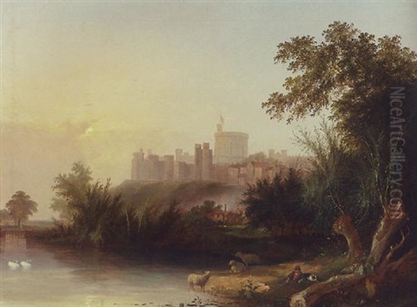 A Shepherd With His Flock On The Thames, Windsor Castle Beyond - view 1