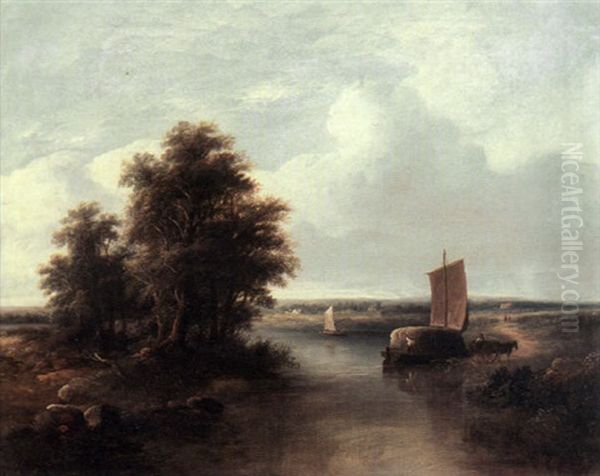 A River Landscape With A Haybarge And Figures On A Path In The Foreground - view 1