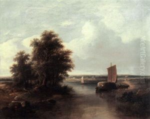 A River Landscape With A Haybarge And Figures On A Path In The Foreground by Henry John Boddington