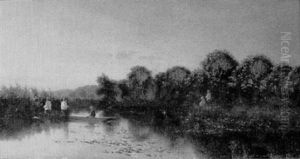 Children Fishing On A Lake by Henry John Boddington