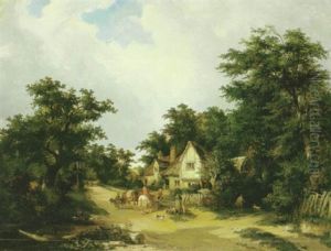 A Country Road With A Figure On Horseback And Others Gathered Around Outside A Cottage In The Foreground A Country Road With A Figure On Horseback And Others Gathered Around Outside A Cottage In The Foreground