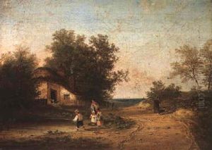 Figures By A Cottage With A Child Fishing In A Pond by Henry John Boddington
