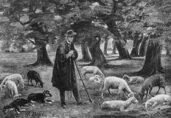Schafer Mit Herde In Parklandschaft Mit Eichen - view 1